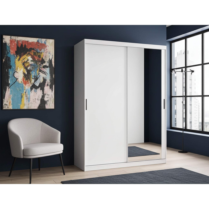 Szafa przesuwna MIRANO 150 cm biała– wysoka 215 cm, nowoczesna garderoba