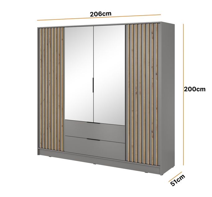 Szafa Stilo w kolorze szarym czterodrzwiowa z lustrem i lamelami na froncie