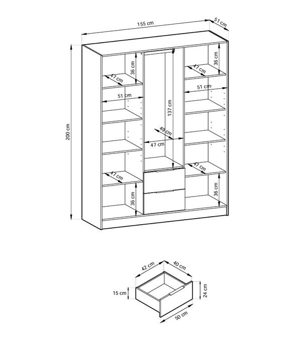 Szafa Stilo w kolorze cashmere trzydrzwiowa z szufladami i lamelami na froncie