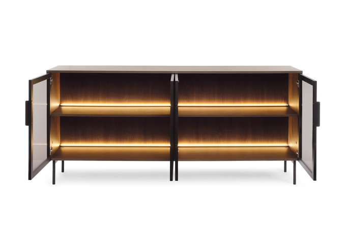 Komoda LUMI 181 cm Dąb Dunin – 4 Drzwi, Ryflowane Szkło, Oświetlenie LED