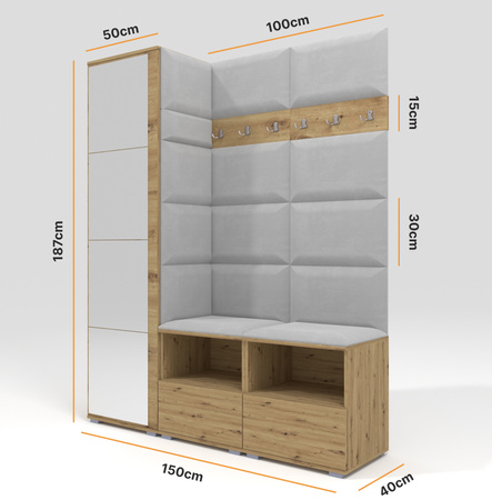 Tapicerowana garderoba Nela II z lustrem - kolor dąb artisan + tkanina Trinity 32