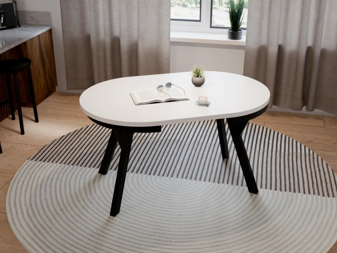 Stół Okrągły Rozkładany ARI 90-190 cm Biały Mat – Loftowe Czarne Nogi