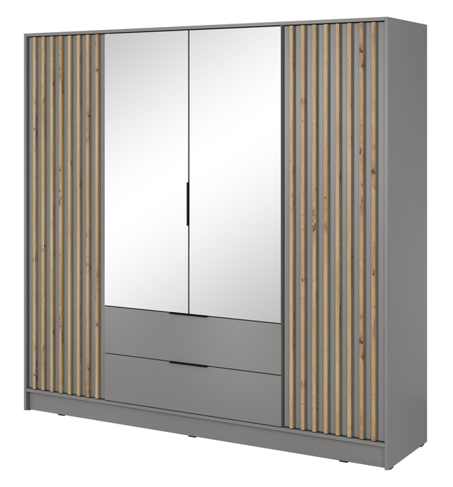 Szafa Stilo w kolorze szarym czterodrzwiowa z lustrem i lamelami na froncie