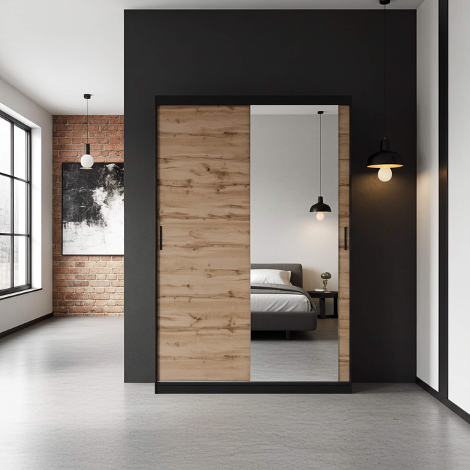 Szafa przesuwna MIRANO 150 cm dąb wotan – wysoka 215 cm, styl Loft