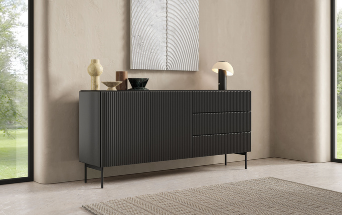 Komoda MUTI czarna 177 cm 3 szuflady ryflowana push to open