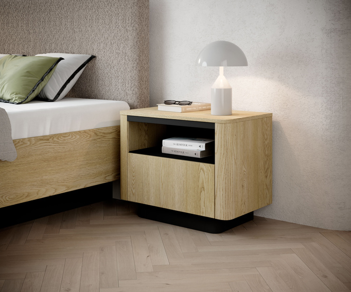 Stolik nocny TORRO dąb cremona 63 cm czarny 1 szuflada zaoblony push to open
