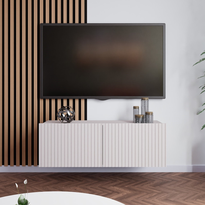 Szafka RTV Kolder 100 cm w kolorze cashmere i z ryflowanymi frontami