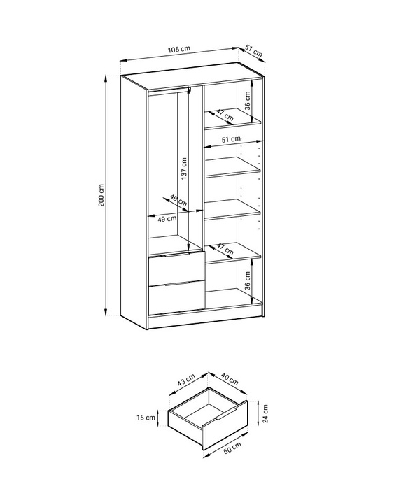 Szafa Stilo w kolorze cashmere dwudrzwiowa z szufladami i lamelami na froncie