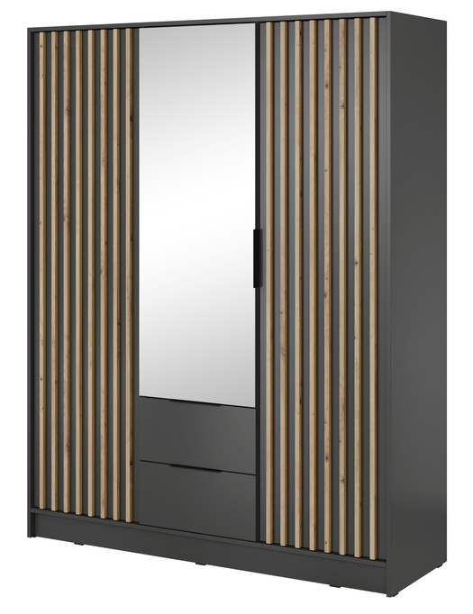 Szafa Stilo w kolorze grafitowym trzydrzwiowa z lustrem i lamelami na froncie