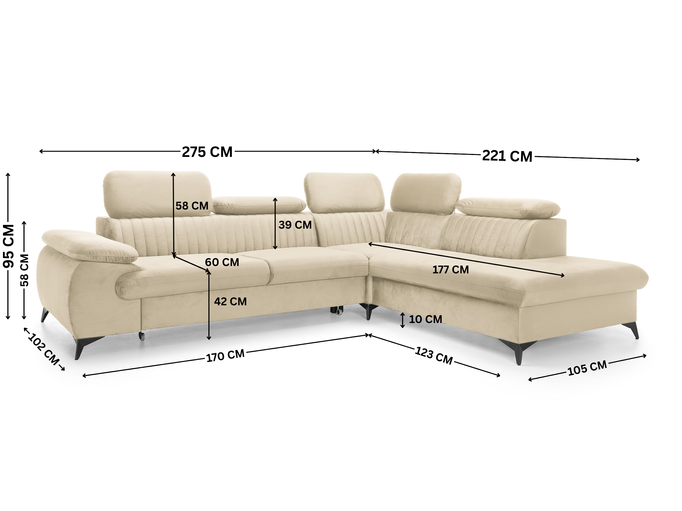 Narożnik VETTO prawostronny Monolith 02 ecru kremowy welur funkcja spania