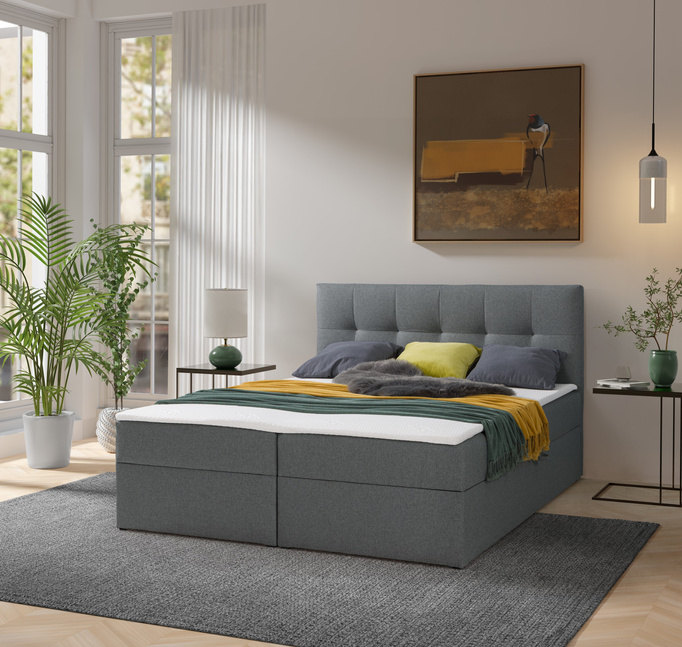Łóżko kontynentalne Toronto 160×200 (Herbi 30 - Ciemny szary) z materacem bonell i topperem