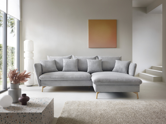 Narożnik MORRE prawostronny sztruks Poso 55 jasny popiel funkcja spania skandynawski