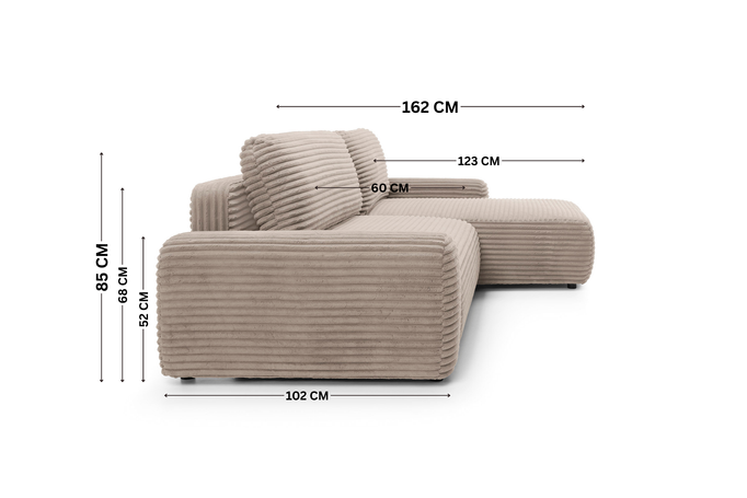 Narożnik sztruksowy z funkcją spania VIGO Ambience 04 Taupe pojemnik