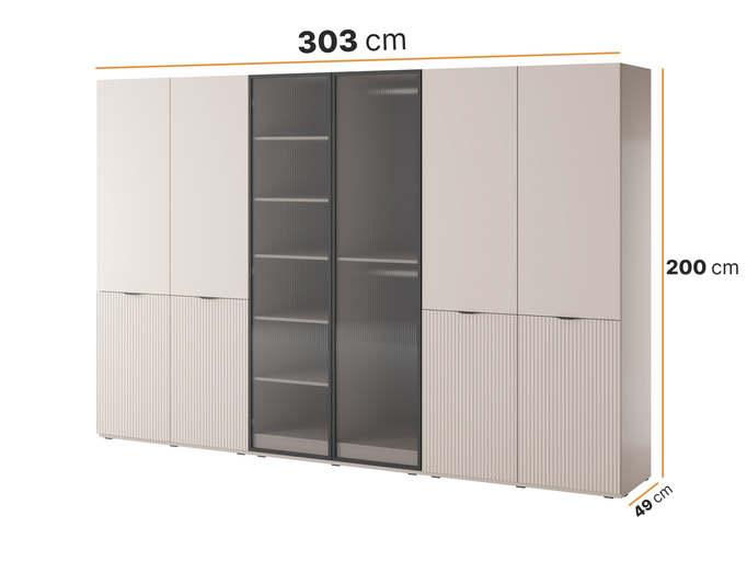 Szafa sześciodrzwiowa Zen w kolorze Cashmere + ryflowane szkło