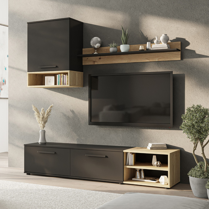 Meblościanka Vento 180 cm – nowoczesny zestaw mebli RTV do salonu, matowa czerń i dąb artisan