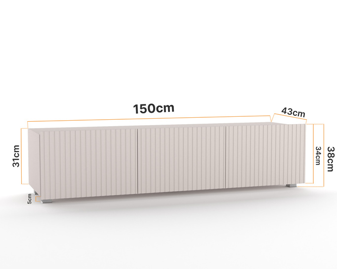 Szafka RTV Kolder 150 cm w kolorze cashmere i z ryflowanymi frontami