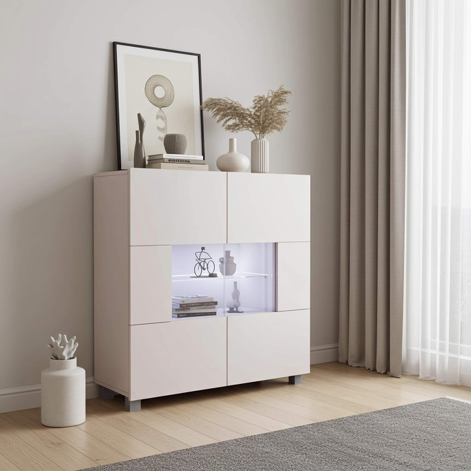 Stylowa komoda Montreal w kolorze Cashmere + niebieskie oświetlenie LED