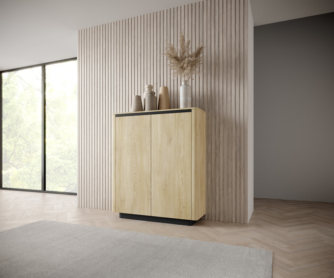 Komoda wysoka TORRO dąb cremona 113 cm czarna 2 drzwi zaoblona push to open