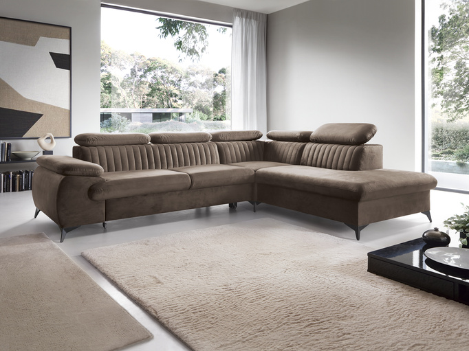 Narożnik VETTO prawostronny Monolith 15 mleczna czekolada welur funkcja spania