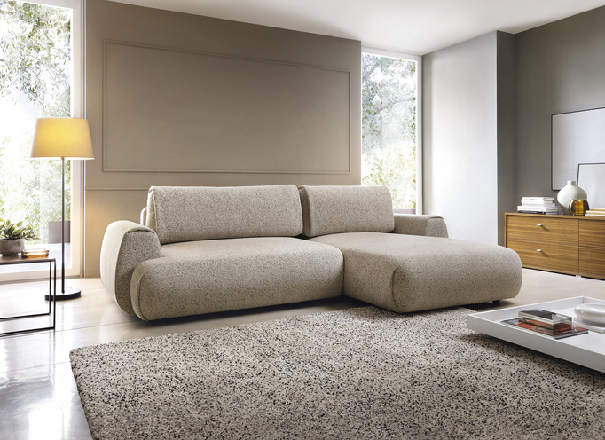 Narożnik VERNIO prawostronny plecionka Puente 16 zimny beż funkcja spania