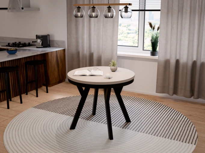 Stół Okrągły Rozkładany ARI 90-190 cm Piasek Pustyni – Beż Nogi Czarne