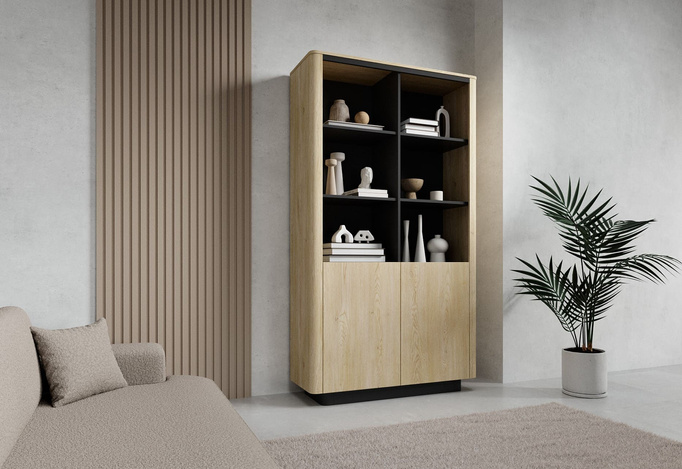 Regał TORRO dąb cremona 113 cm czarny 2 drzwi zaoblony push to open