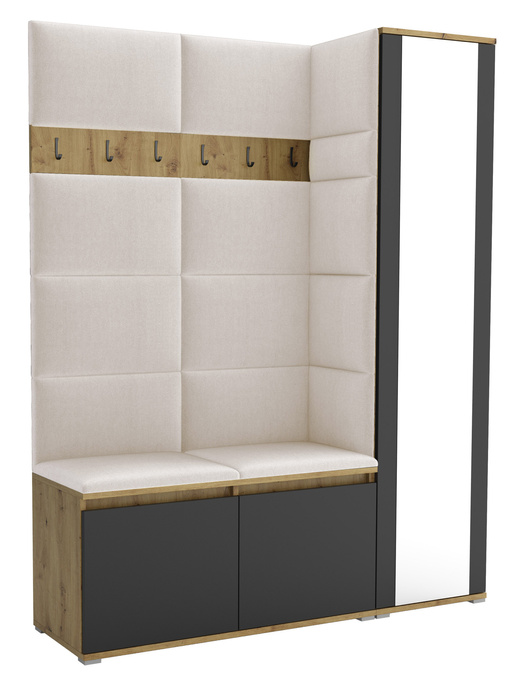 Tapicerowana garderoba Noris VII z lustrem - kolor artisan z czarnym frontem + tkanina Trinity 01