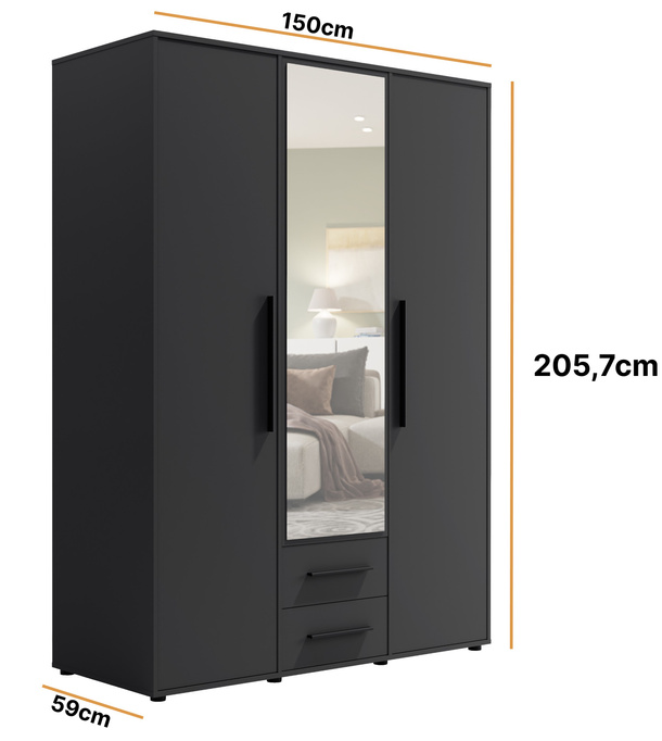 Szafa Modena SZ3D2SZ w kolorze czarnym z lustrem
