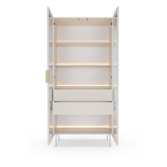 Witryna Wysoka LUMI 92 cm Kaszmir Ryflowane Szkło, Złote Uchwyty, Oświetlenie LED