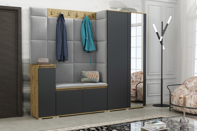 Tapicerowana garderoba Noris VIII z lustrem - kolor artisan z czarnym frontem + tkanina Trinity 32