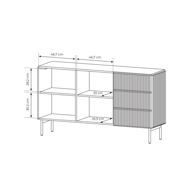 Komoda MUTI kaszmir 147 cm 3 szuflady ryflowana push to open