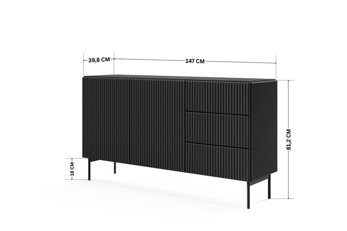 Komoda MUTI czarna 147 cm 3 szuflady ryflowana push to open