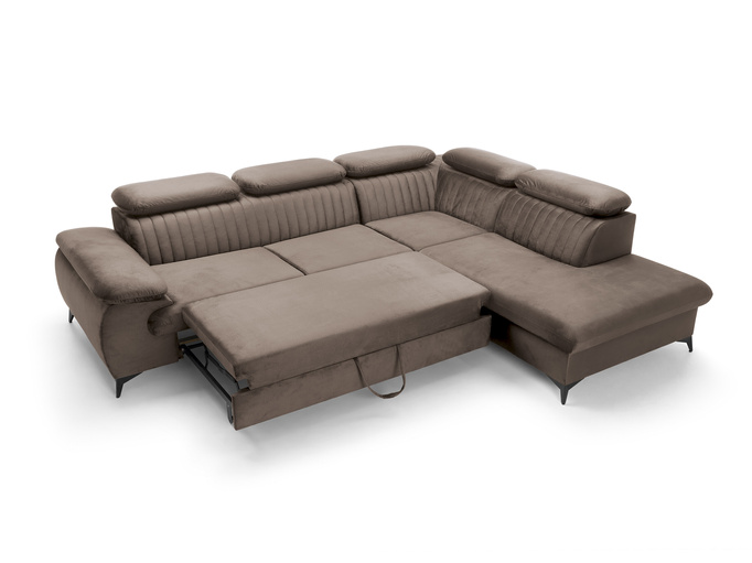 Narożnik VETTO prawostronny Monolith 15 mleczna czekolada welur funkcja spania