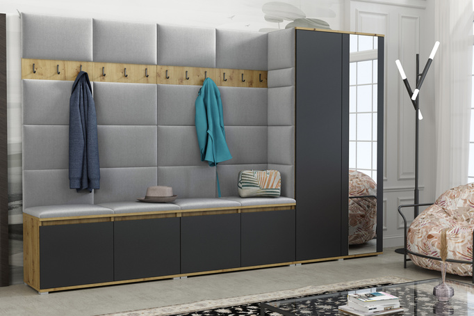 Tapicerowana garderoba Noris V z lustrem - artisan z czarnym frontem + tkanina Trinity 32