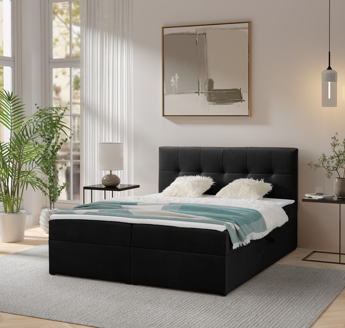 Łóżko kontynentalne Toronto 160×200 (Amor Velvet 4322 - Czarny) z materacem bonell i topperem