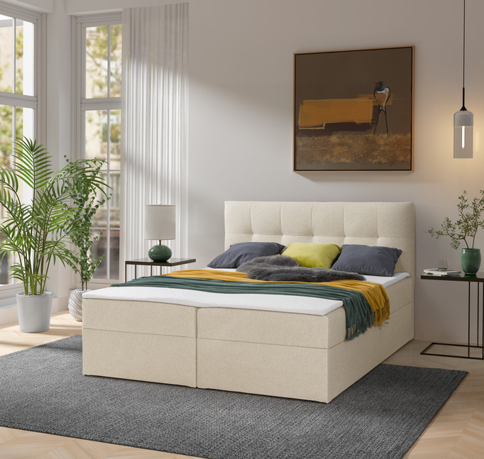 Łóżko kontynentalne Toronto 160×200 (Herbi 45 - Kremowy) z materacem bonell i topperem