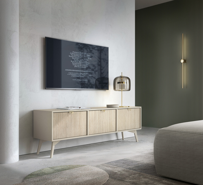 Szafka RTV Silva 158cm w kolorze Piaskowy Beż/Jodełka Scandi