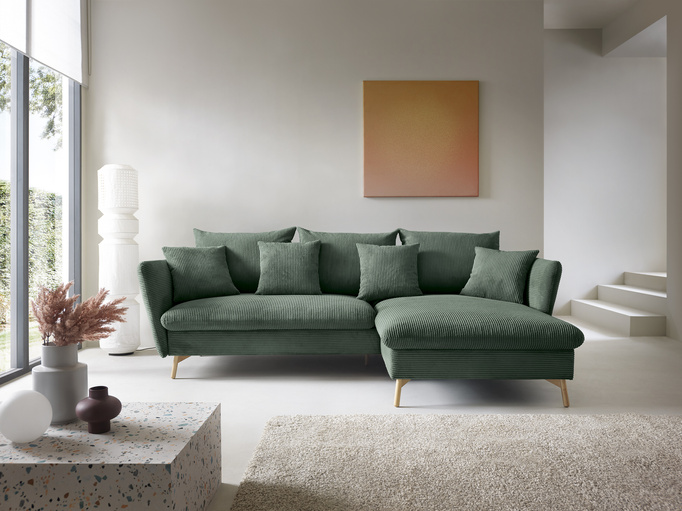 Narożnik MORRE prawostronny sztruks Poso 14 butelkowa zieleń funkcja spania skandynawski