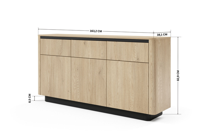 Komoda TORRO dąb cremona 163 cm czarna 3 szuflady zaoblona push to open