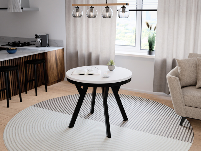 Stół Okrągły Rozkładany ARI 90-190 cm Biały Mat – Loftowe Czarne Nogi