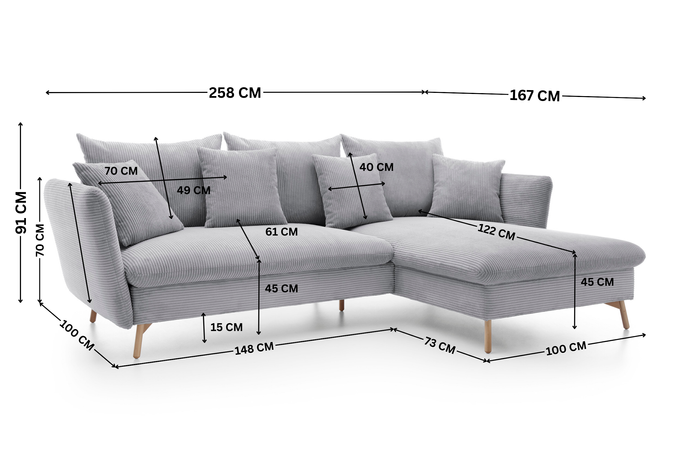 Narożnik MORRE lewostronny sztruks Poso 55 jasny popiel funkcja spania skandynawski