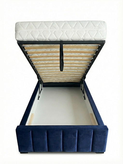 Łóżko tapicerowane TODI 90x200 granatowe welur pojemnik stelaż metalowy