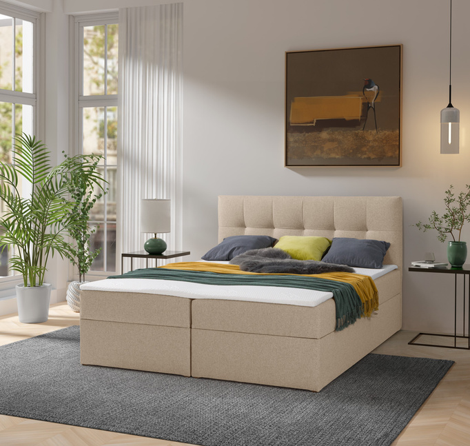 Łóżko kontynentalne Toronto 160×200 (Herbi 55 - Latte) z materacem bonell i topperem