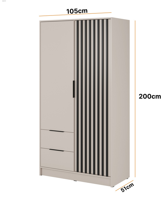 Szafa Stilo w kolorze cashmere dwudrzwiowa z szufladami i lamelami na froncie